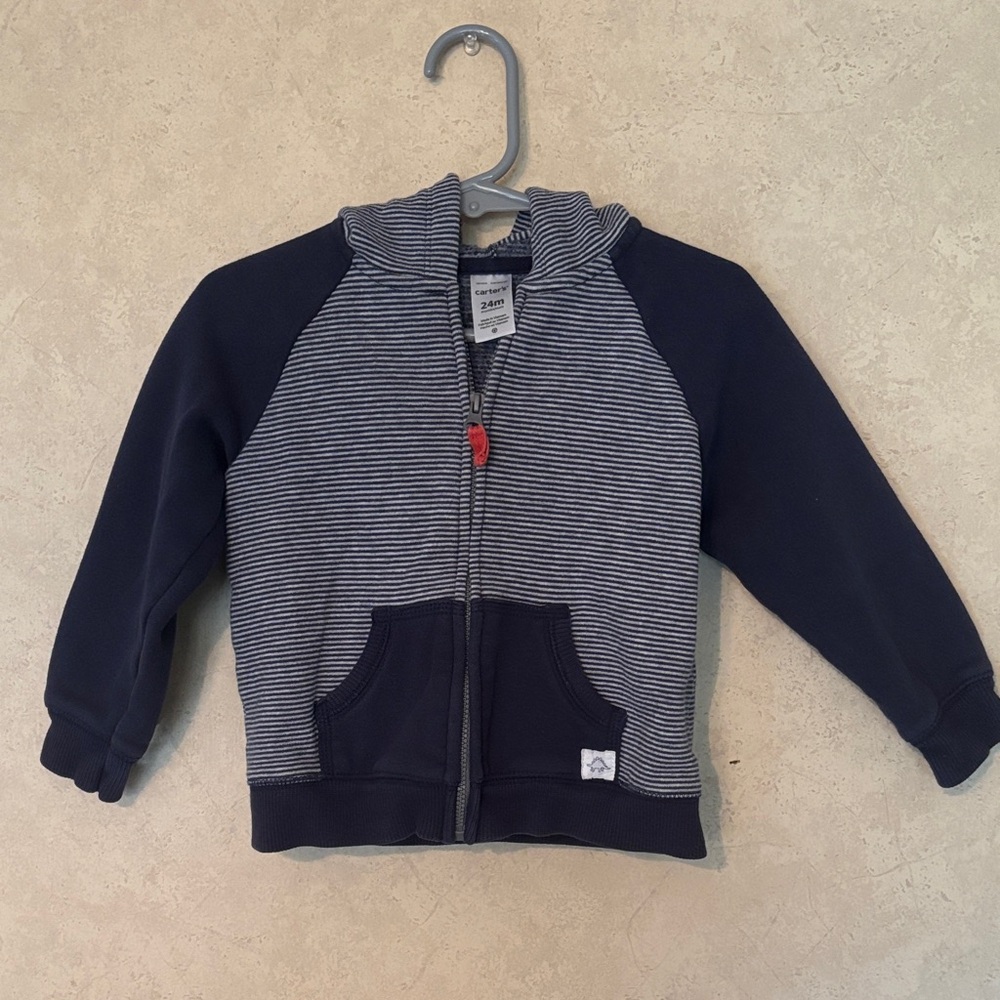 2 Carter's 24m Critter Hooded Zip Jackets-Navy Striped Dino and Cream White Bear